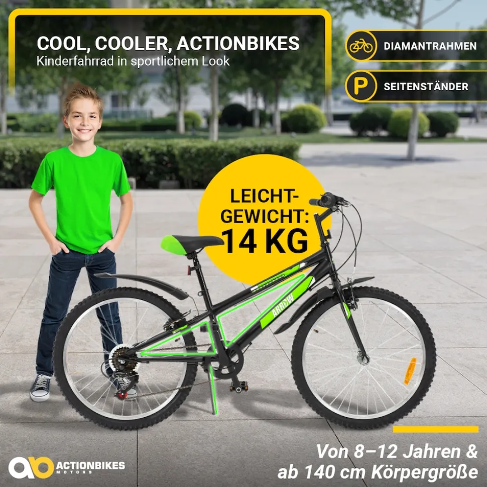 Actionbikes Kinderfahrrad Arrow 24 Zoll, Gangschaltung, V-Brake-Bremsen, verstellbar, Diamantrahmen