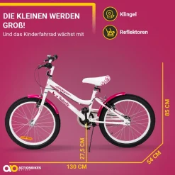 Actionbikes Kinderfahrrad Butterfly 20 Zoll, Pink, Fahrradständer, Kettenschutz, Antirutschgriffe (Weiß/Pink)