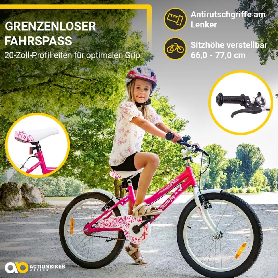 Actionbikes Kinderfahrrad Butterfly 20 Zoll, Pink, Fahrradständer, Kettenschutz, Antirutschgriffe (Weiß/Pink)