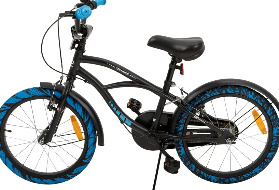 Actionbikes Kinderfahrrad Cruiser 18 Zoll, schwarz, Fahrradständer, Antirutschgriffe, Lenkerschutz (Schwarz/Blau)