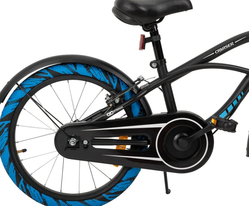 Actionbikes Kinderfahrrad Cruiser 18 Zoll, schwarz, Fahrradständer, Antirutschgriffe, Lenkerschutz (Schwarz/Blau)