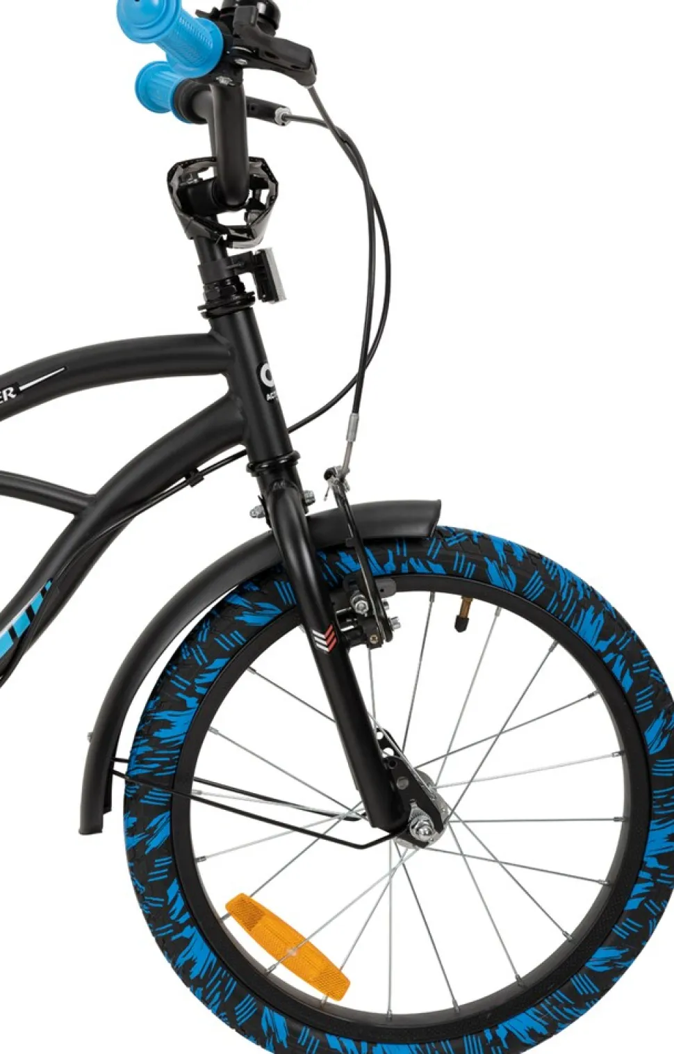 Actionbikes Kinderfahrrad Cruiser 18 Zoll, schwarz, Fahrradständer, Antirutschgriffe, Lenkerschutz (Schwarz/Blau)