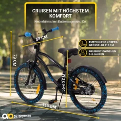 Actionbikes Kinderfahrrad Cruiser 18 Zoll, schwarz, Fahrradständer, Antirutschgriffe, Lenkerschutz (Schwarz/Blau)