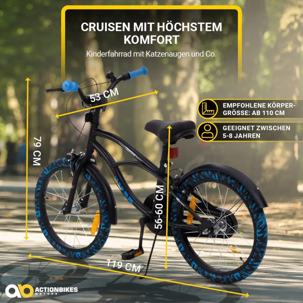 Actionbikes Kinderfahrrad Cruiser 18 Zoll, schwarz, Fahrradständer, Antirutschgriffe, Lenkerschutz (Schwarz/Blau)