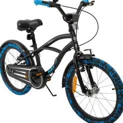 Actionbikes Kinderfahrrad Cruiser 18 Zoll, schwarz, Fahrradständer, Antirutschgriffe, Lenkerschutz (Schwarz/Blau)