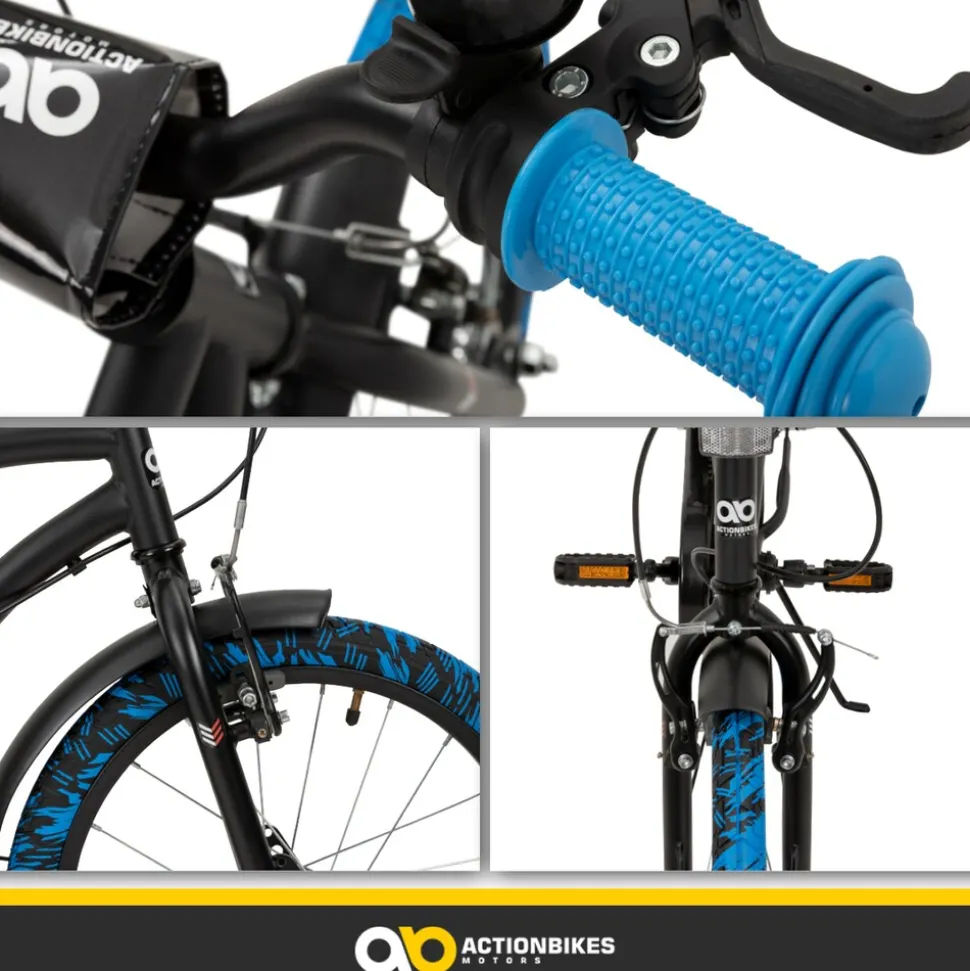 Actionbikes Kinderfahrrad Cruiser 18 Zoll, schwarz, Fahrradständer, Antirutschgriffe, Lenkerschutz (Schwarz/Blau)