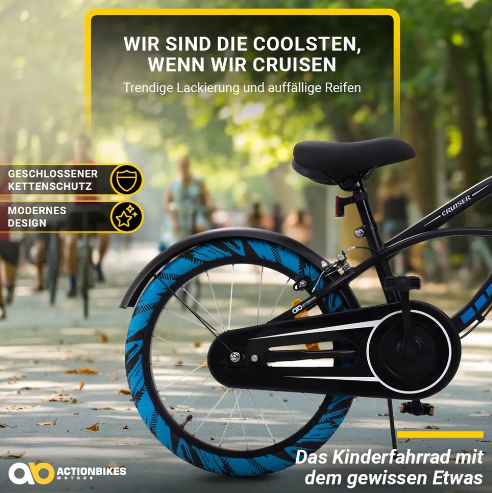 Actionbikes Kinderfahrrad Cruiser 18 Zoll, schwarz, Fahrradständer, Antirutschgriffe, Lenkerschutz (Schwarz/Blau)