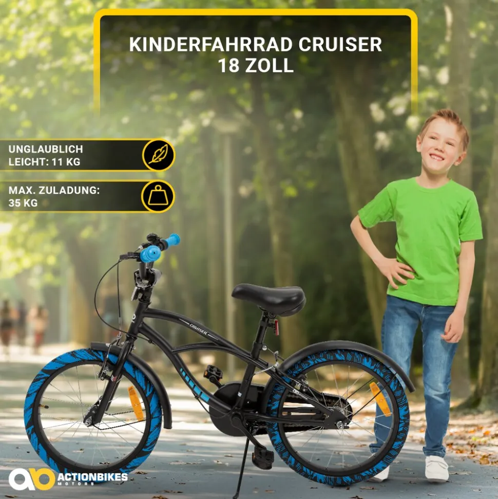 Actionbikes Kinderfahrrad Cruiser 18 Zoll, schwarz, Fahrradständer, Antirutschgriffe, Lenkerschutz (Schwarz/Blau)
