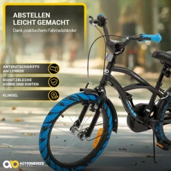 Actionbikes Kinderfahrrad Cruiser 18 Zoll, schwarz, Fahrradständer, Antirutschgriffe, Lenkerschutz (Schwarz/Blau)