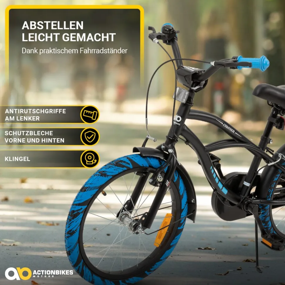 Actionbikes Kinderfahrrad Cruiser 18 Zoll, schwarz, Fahrradständer, Antirutschgriffe, Lenkerschutz (Schwarz/Blau)