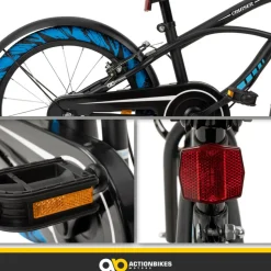 Actionbikes Kinderfahrrad Cruiser 18 Zoll, schwarz, Fahrradständer, Antirutschgriffe, Lenkerschutz (Schwarz/Blau)