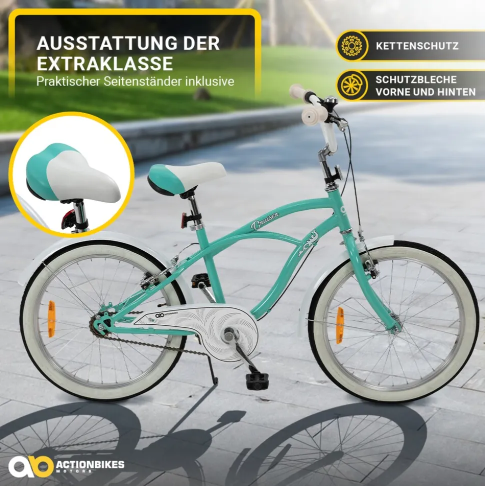 Actionbikes Kinderfahrrad Cruiser 20 Zoll, Rosa/Türkis, verstellbar, Seitenständer, V-Brake-Bremsen (Türkis)