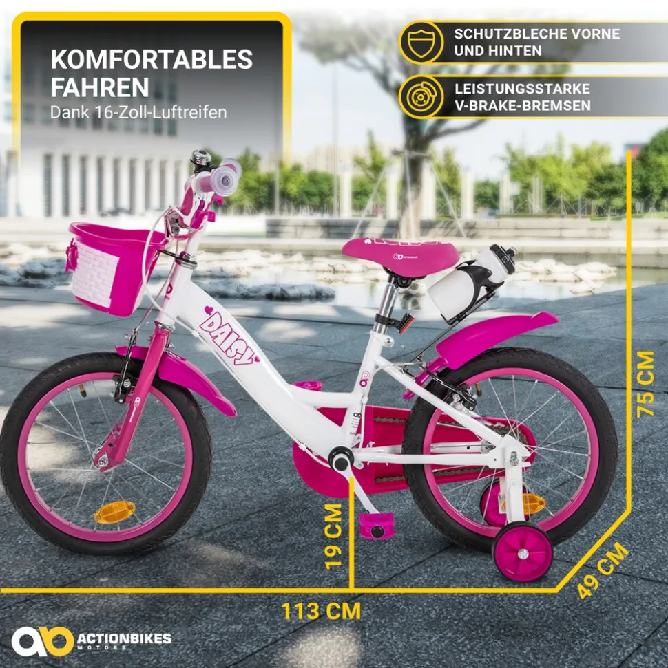 Actionbikes Kinderfahrrad Daisy 16 Zoll, pink, Stützräder, Korb, V-Brake-Bremsen, Antirutschgriffe (East)