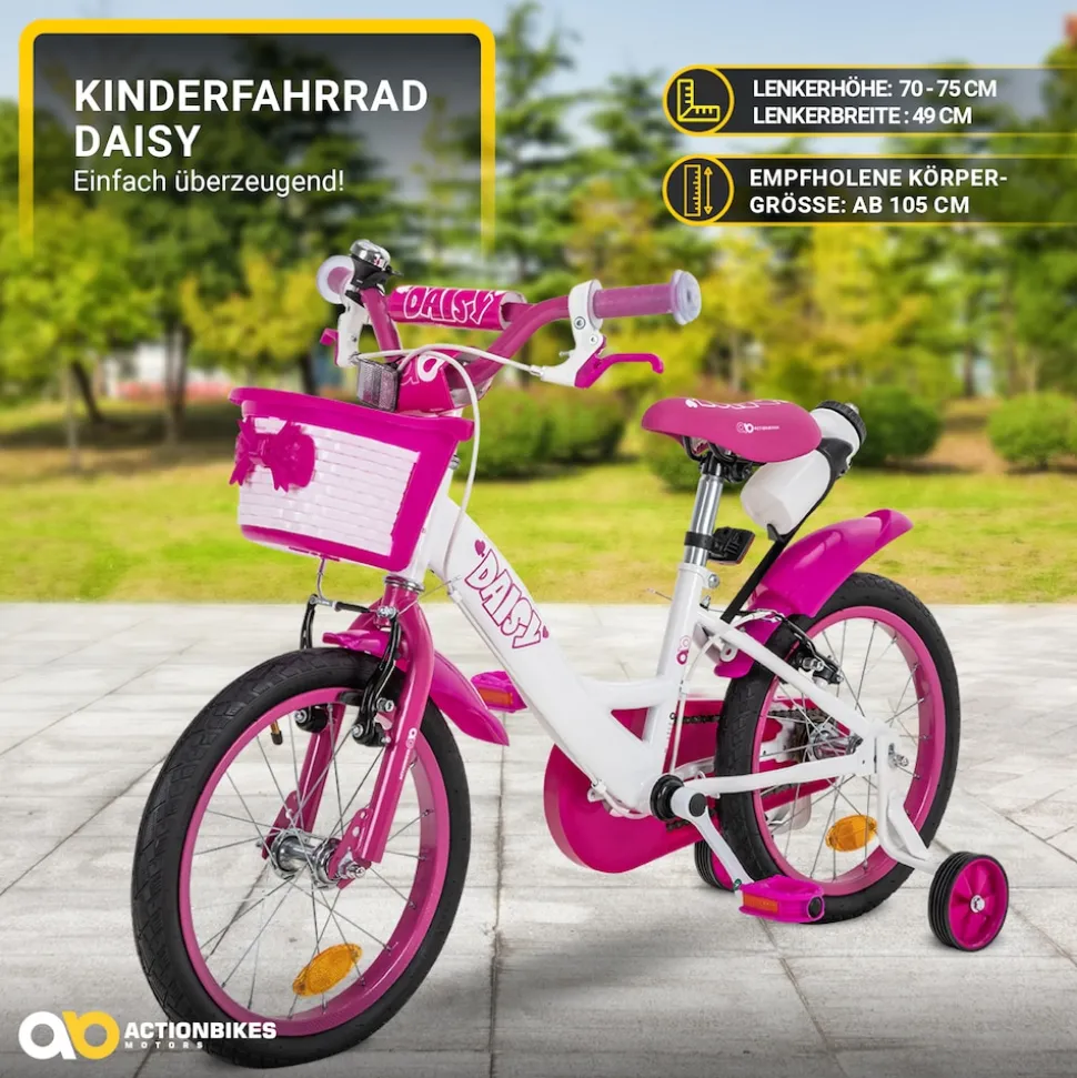 Actionbikes Kinderfahrrad Daisy 16 Zoll, pink, Stützräder, Korb, V-Brake-Bremsen, Antirutschgriffe (East)