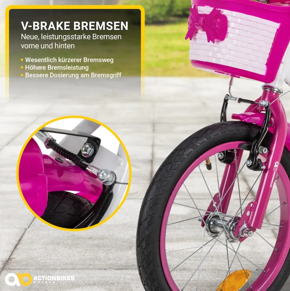 Actionbikes Kinderfahrrad Daisy 16 Zoll, pink, Stützräder, Korb, V-Brake-Bremsen, Antirutschgriffe (East)