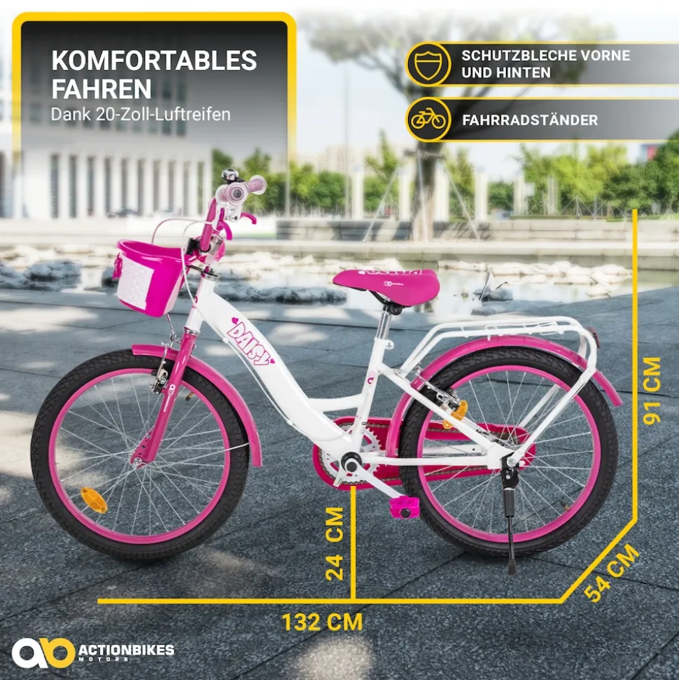 Actionbikes Kinderfahrrad Daisy 20 Zoll, pink, V-Brake-Bremsen, Antirutschgriffe, Kettenschutz, Korb (East)