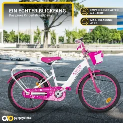 Actionbikes Kinderfahrrad Daisy 20 Zoll, pink, V-Brake-Bremsen, Antirutschgriffe, Kettenschutz, Korb (East)