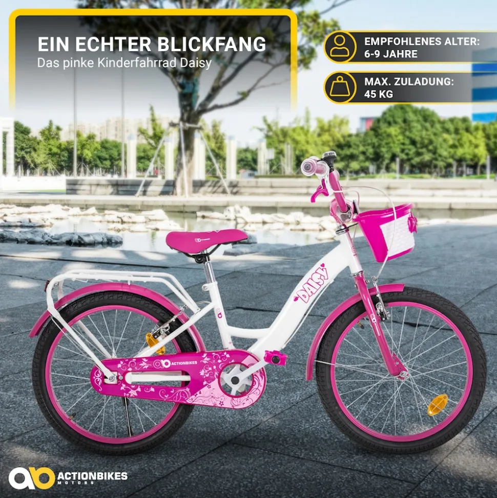 Actionbikes Kinderfahrrad Daisy 20 Zoll, pink, V-Brake-Bremsen, Antirutschgriffe, Kettenschutz, Korb (East)