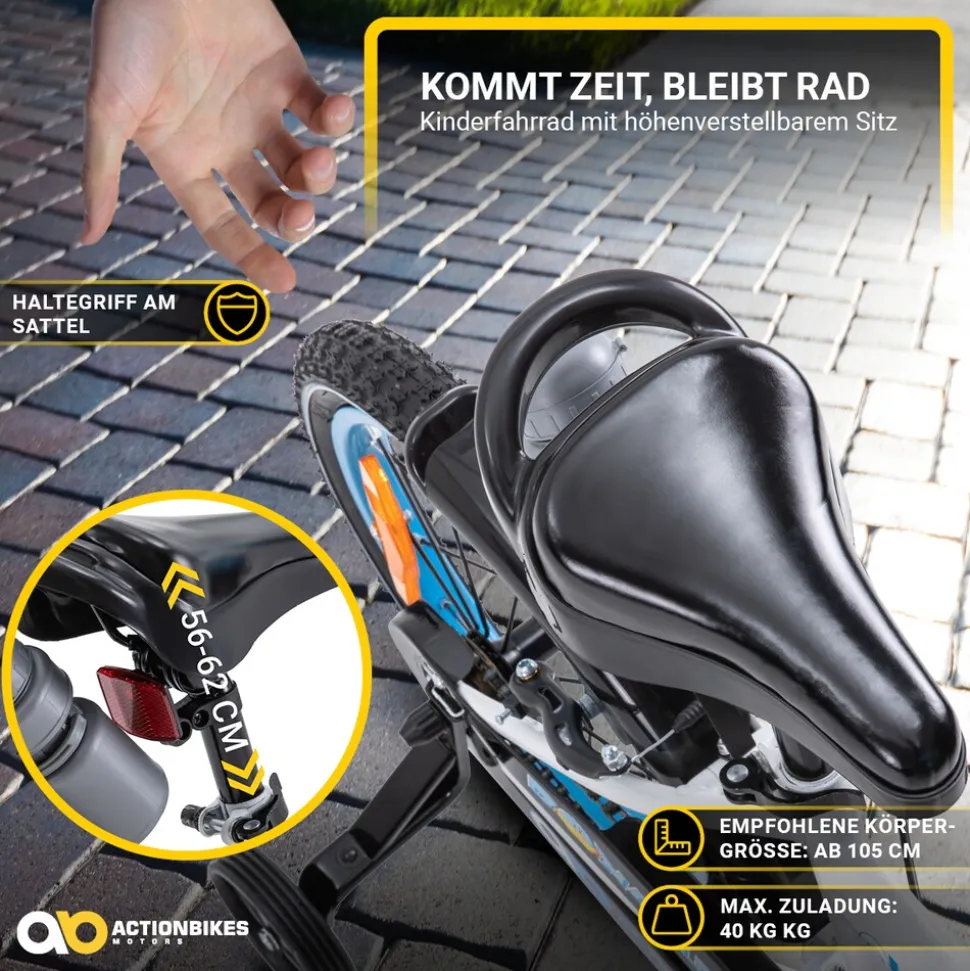 Actionbikes Kinderfahrrad Donaldo 16 Zoll, V-Brake-Bremsen, höhenverstellbar, Stützräder, Korb