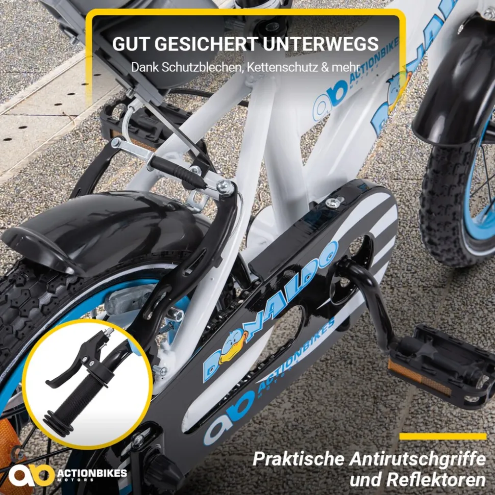 Actionbikes Kinderfahrrad Donaldo 12 Zoll, V-Brake-Bremsen, höhenverstellbar, Stützräder, Korb