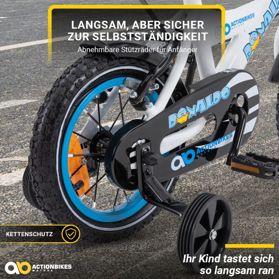 Actionbikes Kinderfahrrad Donaldo 12 Zoll, V-Brake-Bremsen, höhenverstellbar, Stützräder, Korb