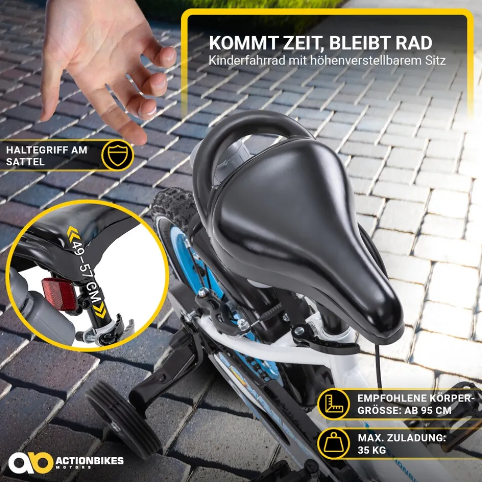 Actionbikes Kinderfahrrad Donaldo 12 Zoll, V-Brake-Bremsen, höhenverstellbar, Stützräder, Korb