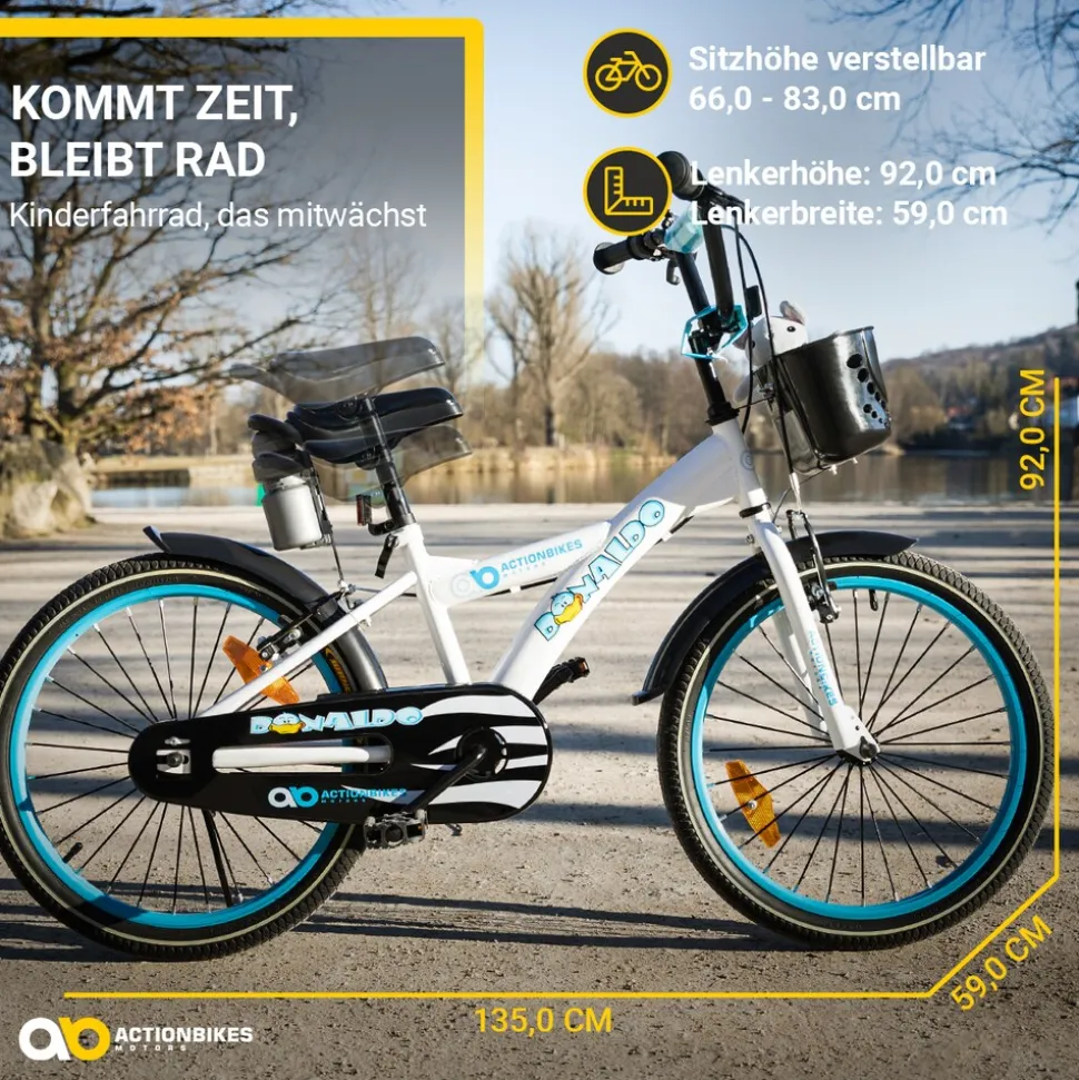 Actionbikes Kinderfahrrad Donaldo 20 Zoll, V-Brake-Bremsen, höhenverstellbar, Seitenständer, Korb