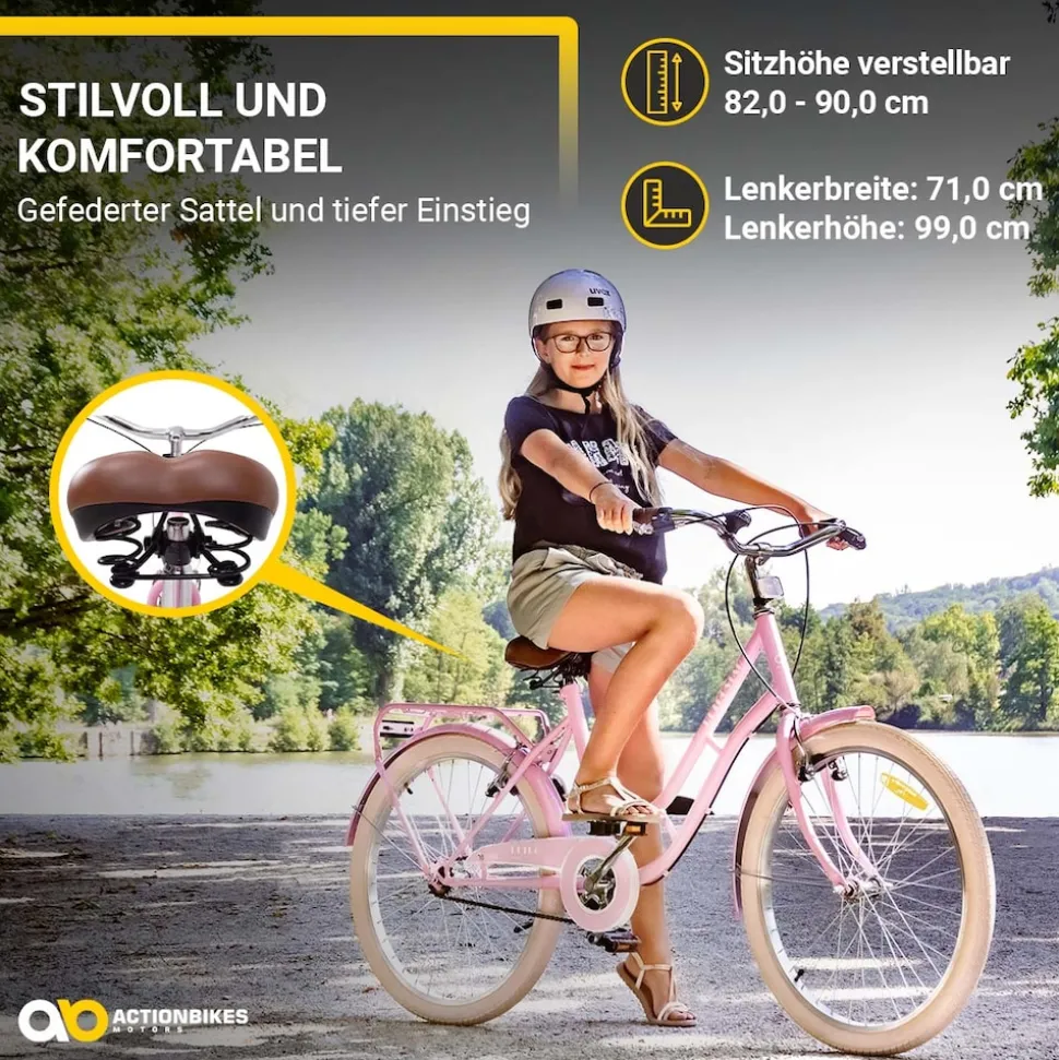 Actionbikes Kinderfahrrad Retrostar 24 Zoll, Rosa, Fahrradständer, Gepäckträger, Sattel gefedert (Rosa)