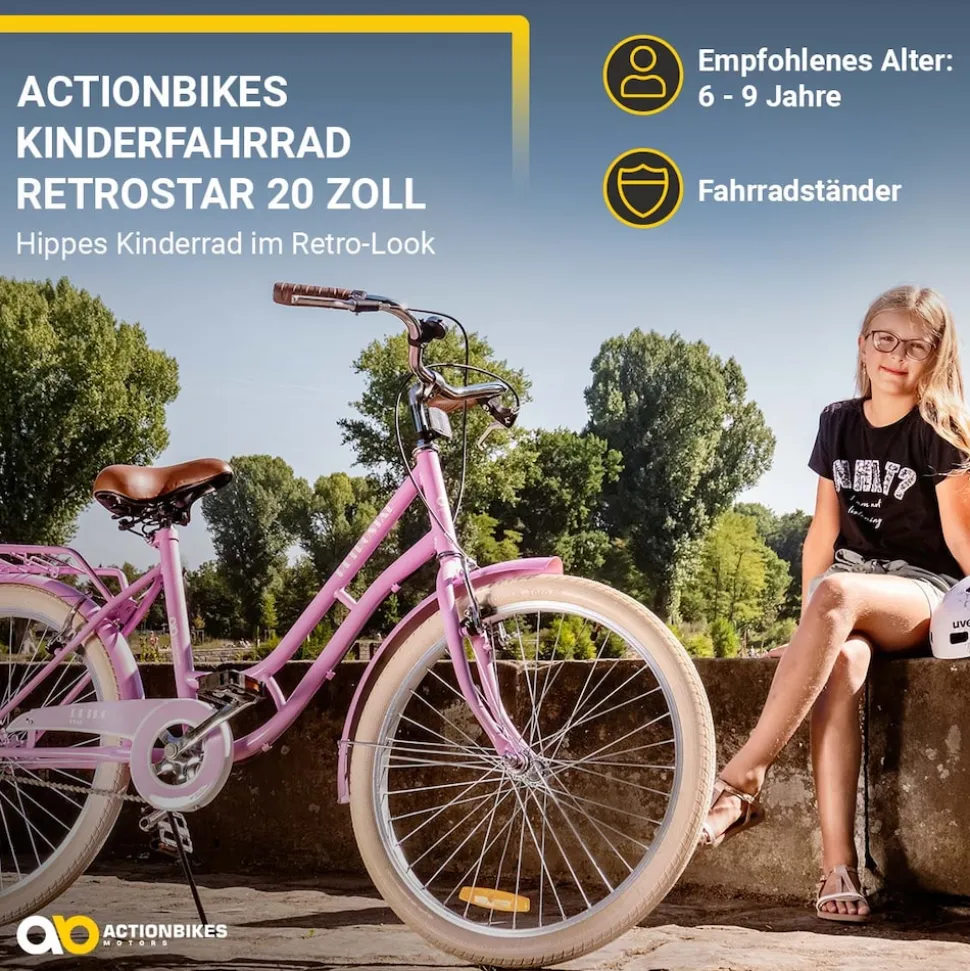 Actionbikes Kinderfahrrad Retrostar 20 Zoll, Rosa, Fahrradständer, Gepäckträger, Sattel gefedert (Rosa)
