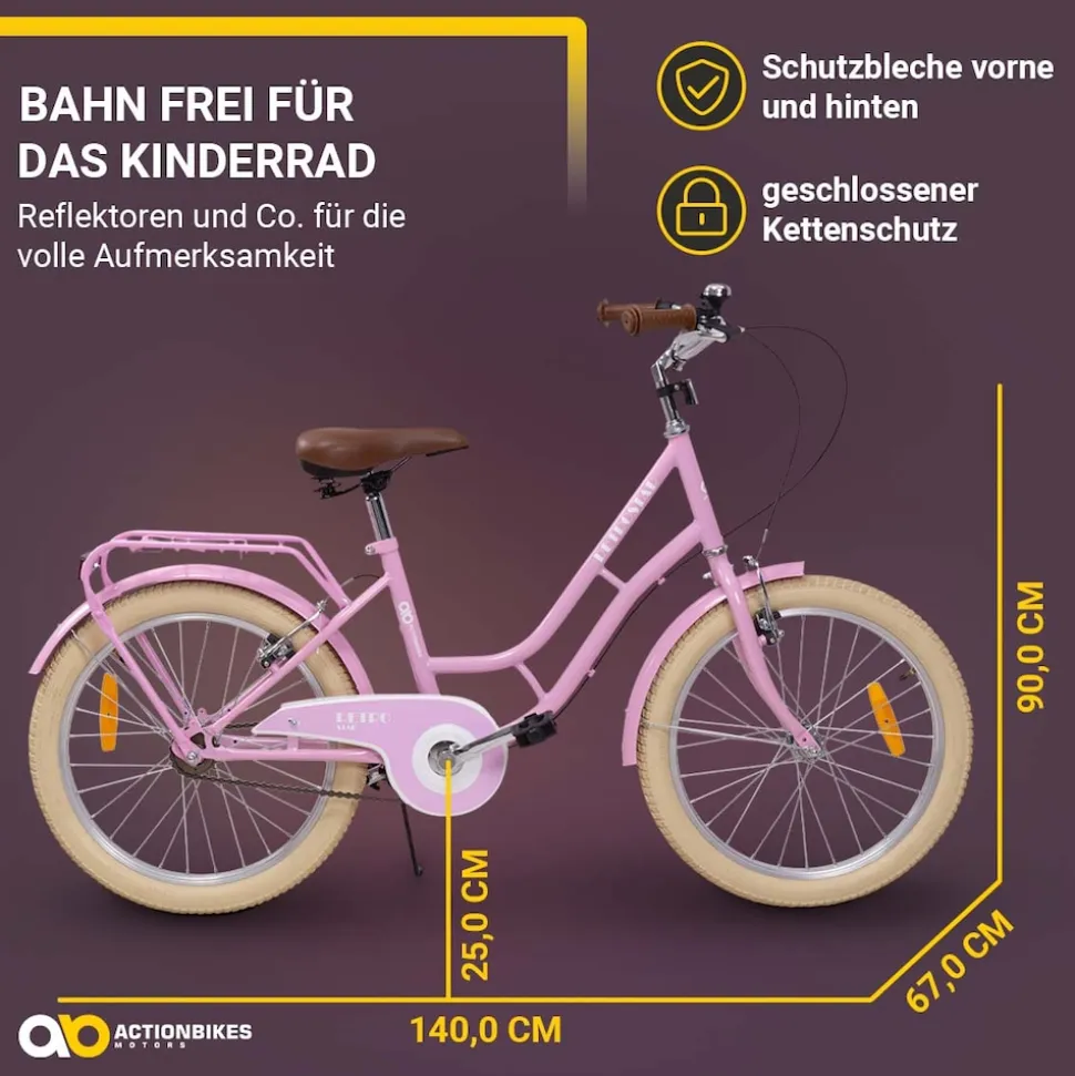 Actionbikes Kinderfahrrad Retrostar 20 Zoll, Rosa, Fahrradständer, Gepäckträger, Sattel gefedert (Rosa)