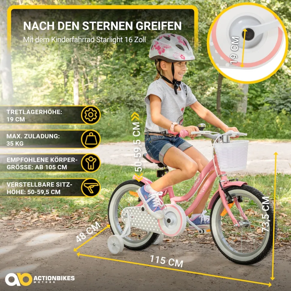 Actionbikes Kinderfahrrad Starlight 16 Zoll, Rosa, Stützräder, Fahrradkorb, Klingel, Kettenschutz (Classic)