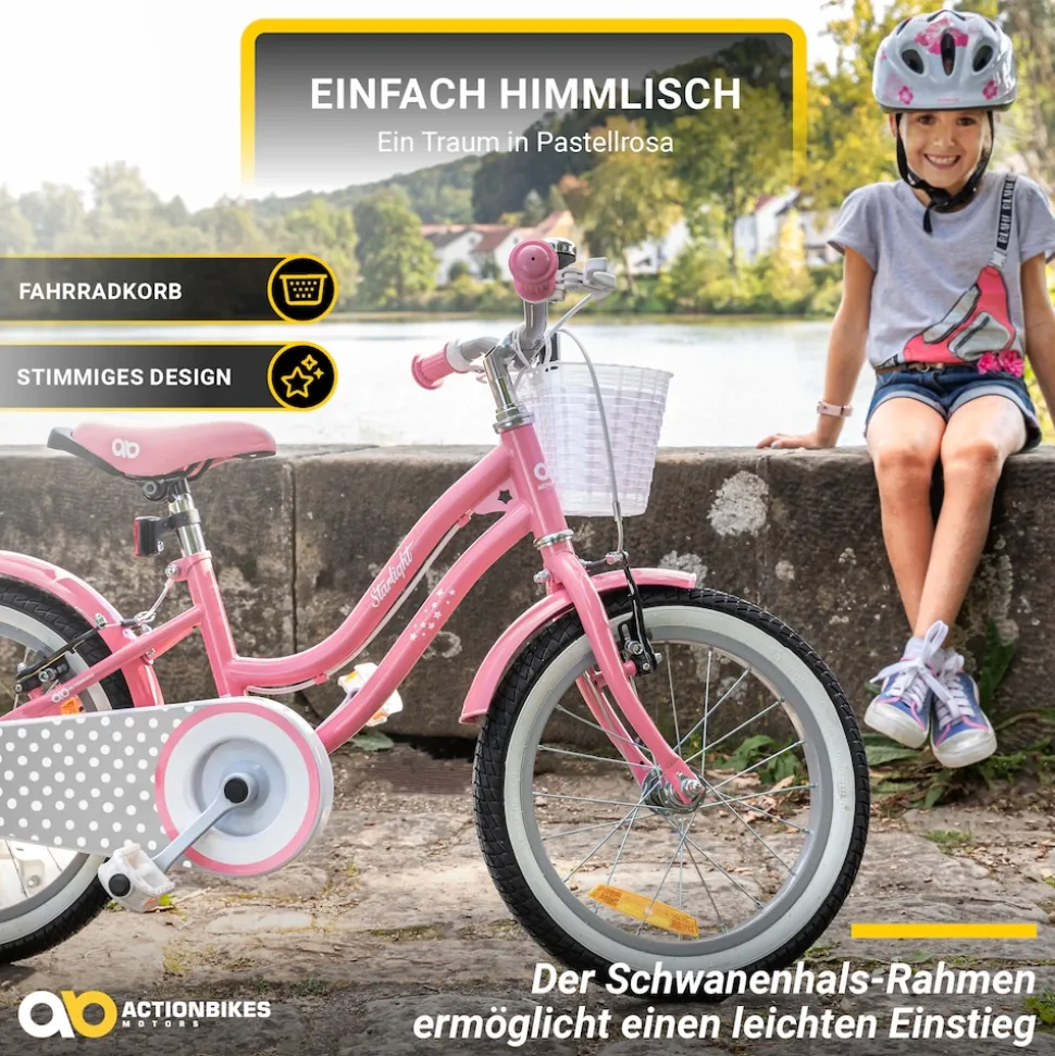Actionbikes Kinderfahrrad Starlight 16 Zoll, Rosa, Stützräder, Fahrradkorb, Klingel, Kettenschutz (Classic)