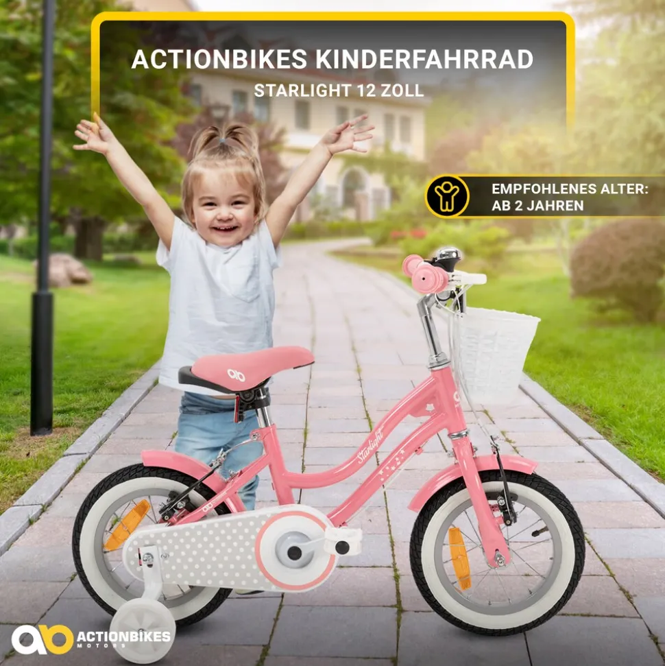 Actionbikes Kinderfahrrad Starlight 12 Zoll, Rosa, Stützräder, Fahrradkorb, Klingel, Kettenschutz (Classic)