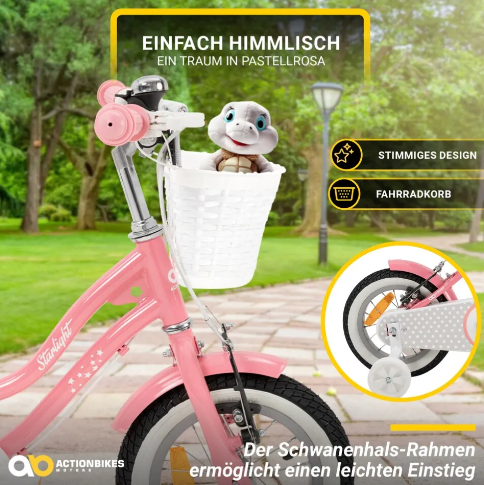Actionbikes Kinderfahrrad Starlight 12 Zoll, Rosa, Stützräder, Fahrradkorb, Klingel, Kettenschutz (Classic)
