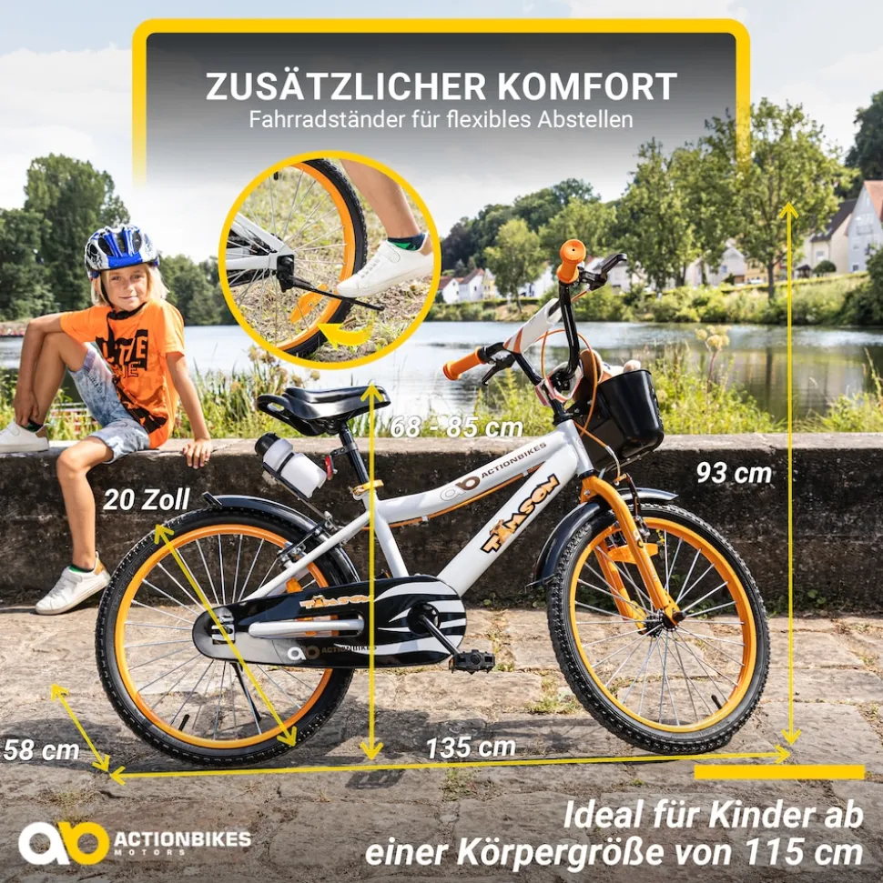 Actionbikes Kinderfahrrad Timson 20 Zoll, V-Brake-Bremsen, höhenverstellbar, Fahrradständer, Korb