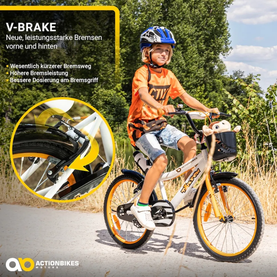 Actionbikes Kinderfahrrad Timson 20 Zoll, V-Brake-Bremsen, höhenverstellbar, Fahrradständer, Korb