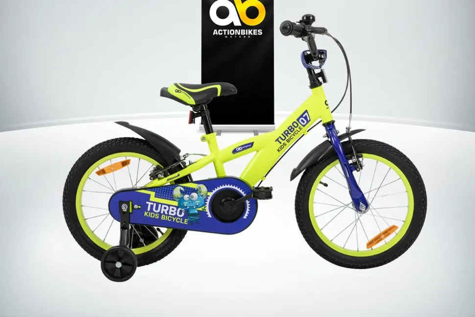 Actionbikes Kinderfahrrad Turbo 16 Zoll, Stützräder, V-Brake-Bremsen, Lenker-/Kettenschutz, Klingel