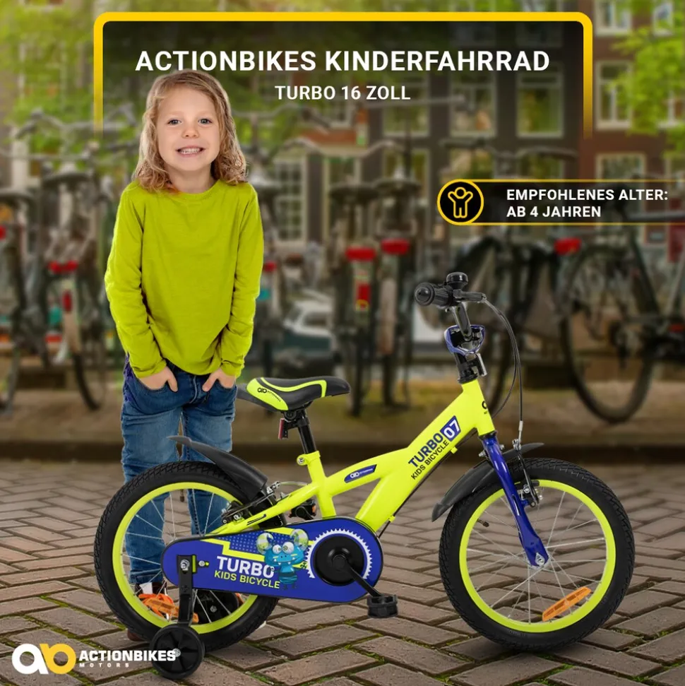 Actionbikes Kinderfahrrad Turbo 16 Zoll, Stützräder, V-Brake-Bremsen, Lenker-/Kettenschutz, Klingel