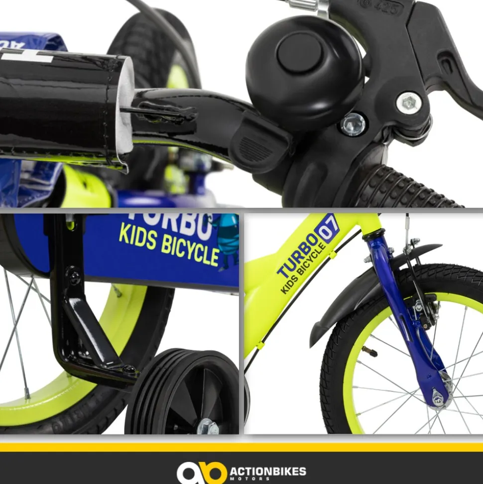 Actionbikes Kinderfahrrad Turbo 16 Zoll, Stützräder, V-Brake-Bremsen, Lenker-/Kettenschutz, Klingel