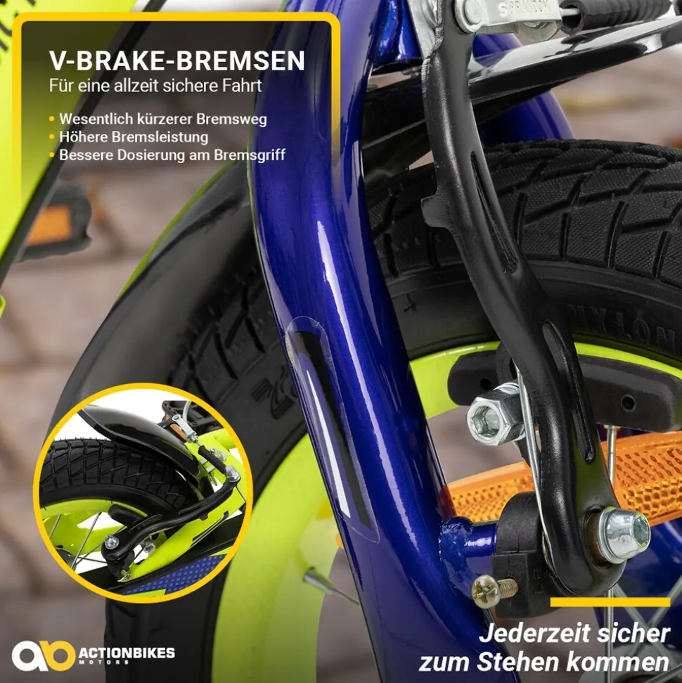 Actionbikes Kinderfahrrad Turbo 16 Zoll, Stützräder, V-Brake-Bremsen, Lenker-/Kettenschutz, Klingel