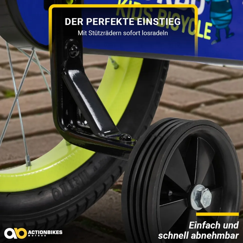 Actionbikes Kinderfahrrad Turbo 16 Zoll, Stützräder, V-Brake-Bremsen, Lenker-/Kettenschutz, Klingel
