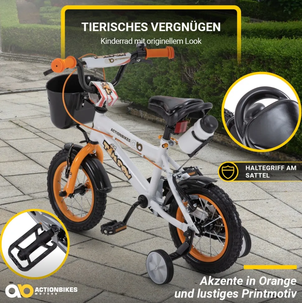 Actionbikes Kinderfahrrad Timson 12 Zoll, V-Brake-Bremsen, höhenverstellbar, Stützräder, Korb