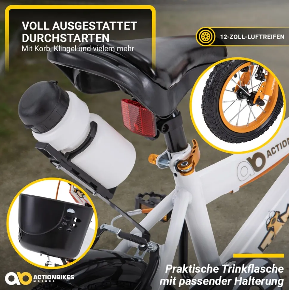 Actionbikes Kinderfahrrad Timson 12 Zoll, V-Brake-Bremsen, höhenverstellbar, Stützräder, Korb