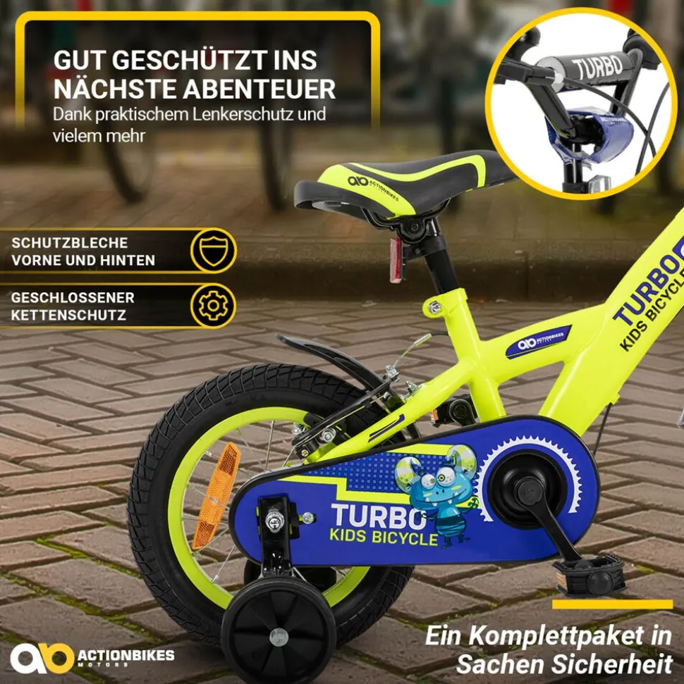 Actionbikes Kinderfahrrad Turbo 12 Zoll, Stützräder, V-Brake-Bremsen, Lenker-/Kettenschutz, Klingel