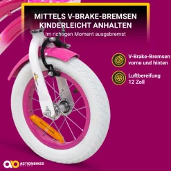 Actionbikes Kinderfahrrad Unicorn 12 Zoll, Pink, Einhorn-Design, Puppensitz, Stützräder, Fahrradkorb