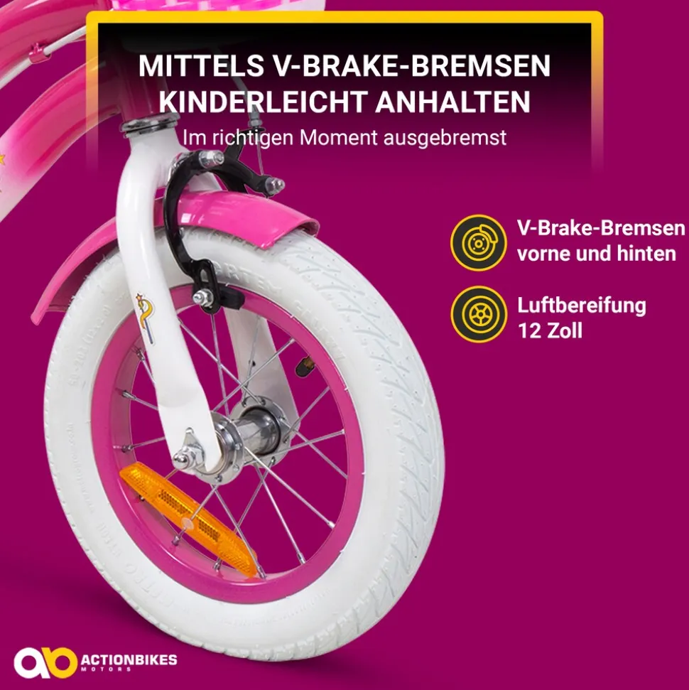 Actionbikes Kinderfahrrad Unicorn 12 Zoll, Pink, Einhorn-Design, Puppensitz, Stützräder, Fahrradkorb