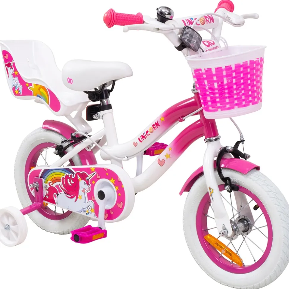 Actionbikes Kinderfahrrad Unicorn 12 Zoll, Pink, Einhorn-Design, Puppensitz, Stützräder, Fahrradkorb