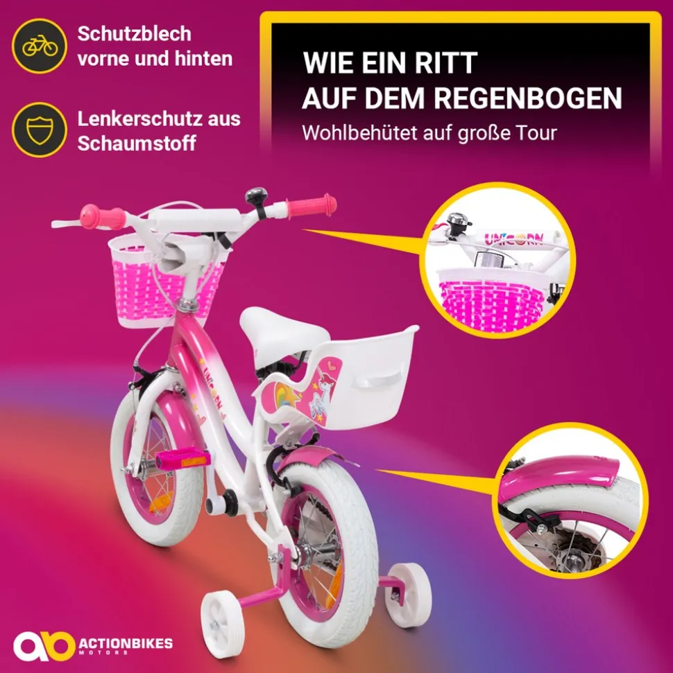 Actionbikes Kinderfahrrad Unicorn 12 Zoll, Pink, Einhorn-Design, Puppensitz, Stützräder, Fahrradkorb