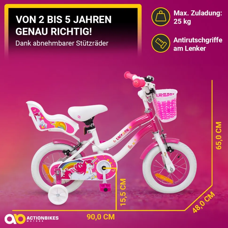 Actionbikes Kinderfahrrad Unicorn 12 Zoll, Pink, Einhorn-Design, Puppensitz, Stützräder, Fahrradkorb