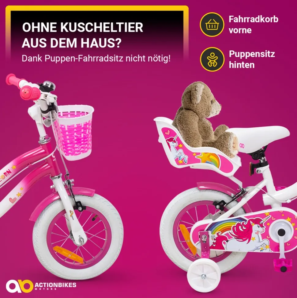Actionbikes Kinderfahrrad Unicorn 12 Zoll, Pink, Einhorn-Design, Puppensitz, Stützräder, Fahrradkorb